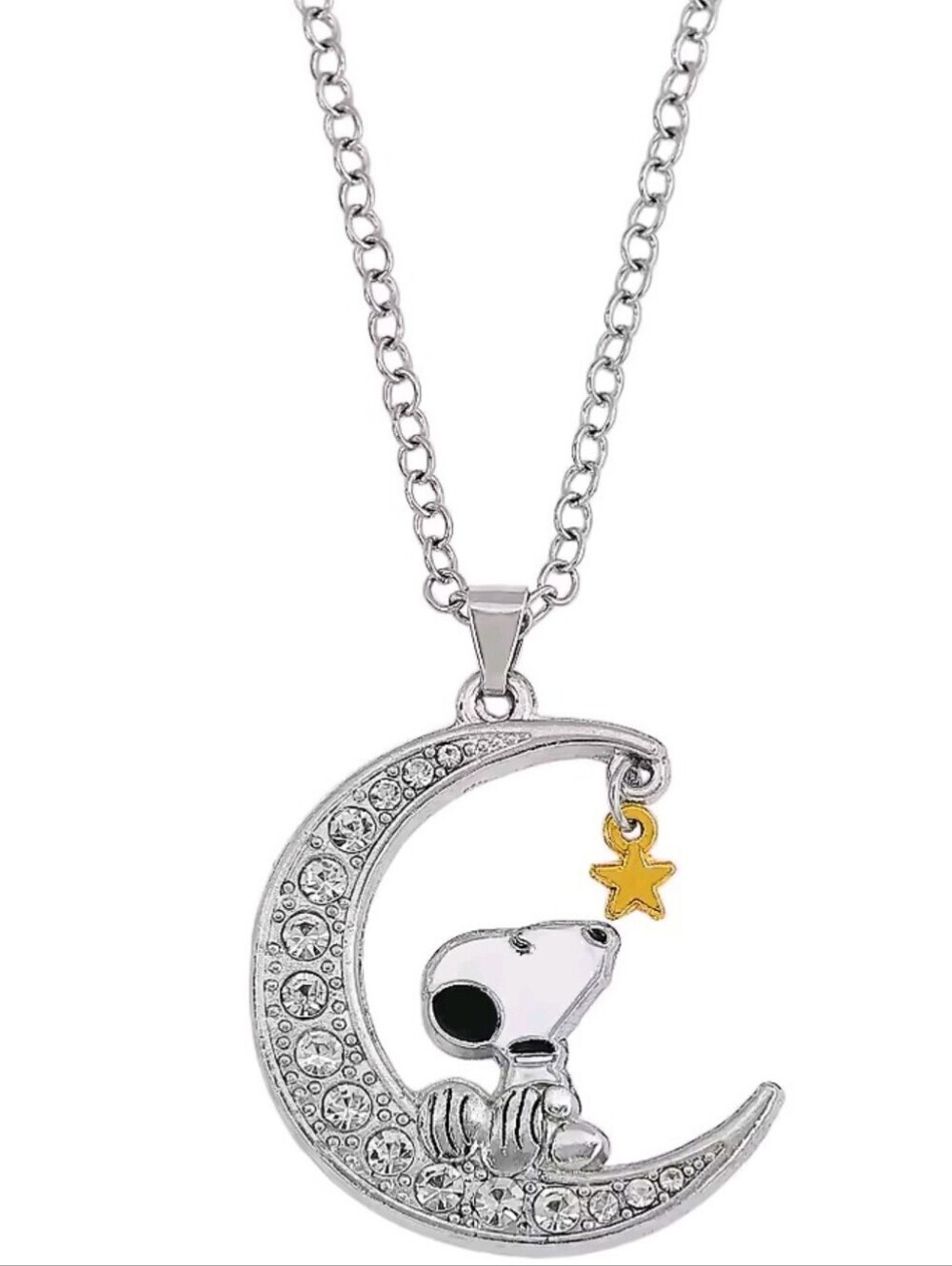 Snoopy Moon & Star Necklace Rhinestone Pendant Silver Tone 60cm Chain - Picture 6 of 9